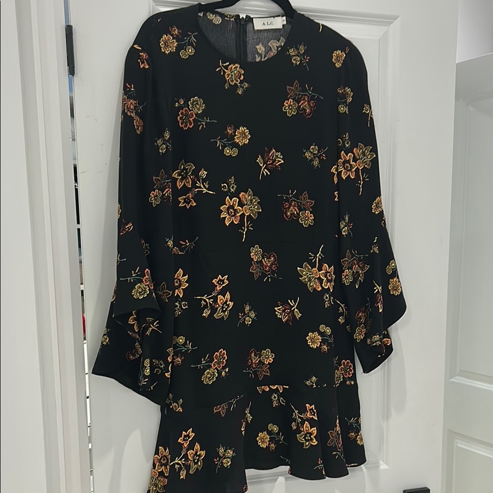 ALC Black Midi Dress with Boxy Ruffled 3/4 Sleeves